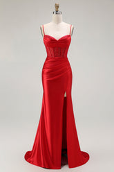 Rotes Meerjungfrau Spaghettiträger Korsett Plissee Langes Ballkleid mit Schlitz